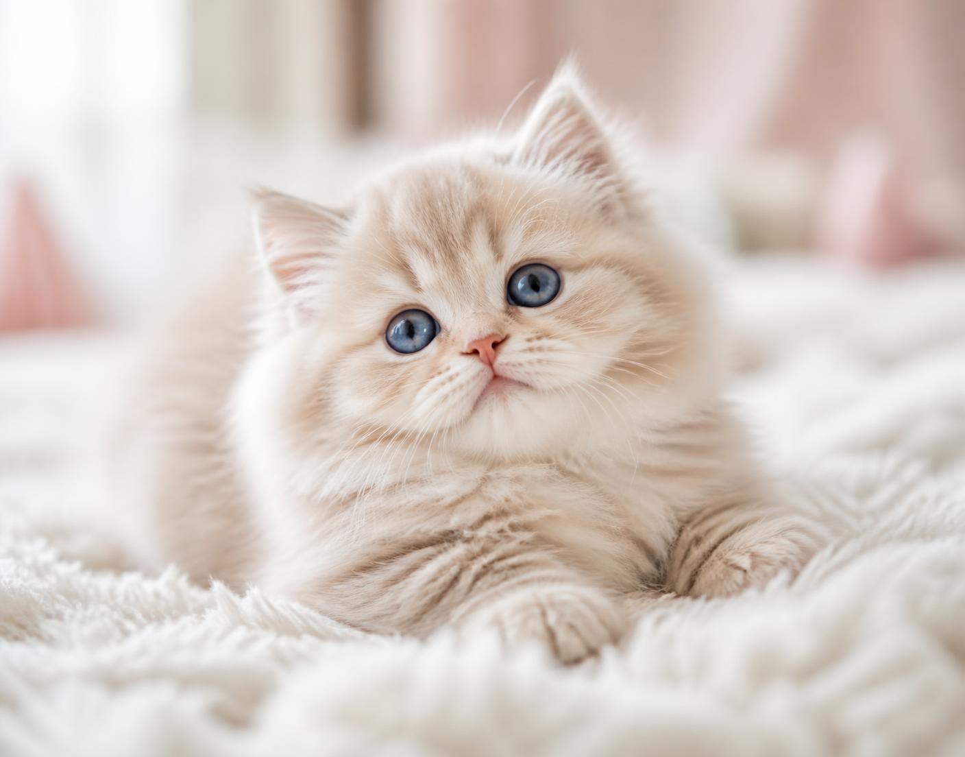 Chaton crème aux yeux bleus allongé sur une couverture douce